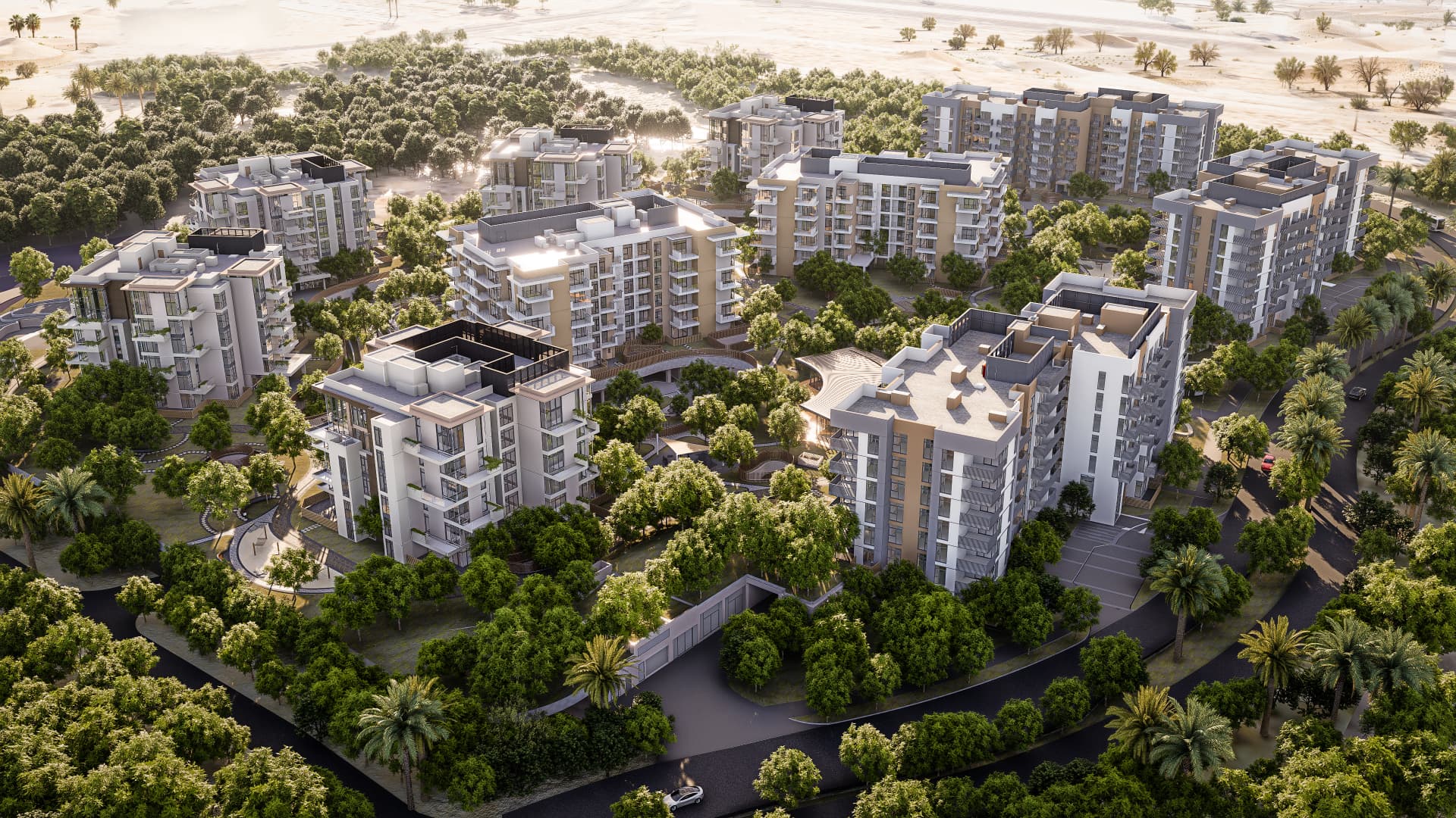 Ghaf Woods Phase-1A by Majid Al Futtaim — residential architecture project in Dubai Land by Mohammad Zaid Beg, hero view